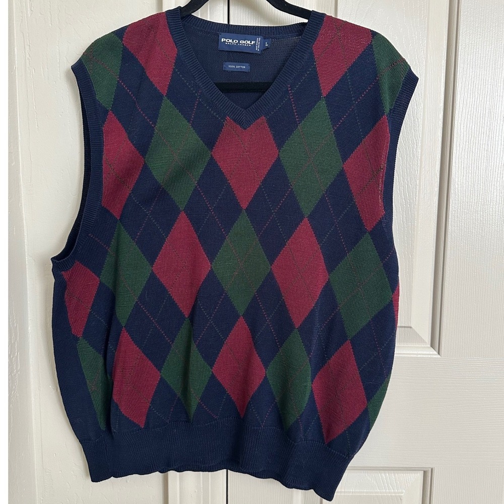 Polo Golf Ralph Lauren Argyle Sweater Vest –‎ Navy/Green/Red – 100% Cotton